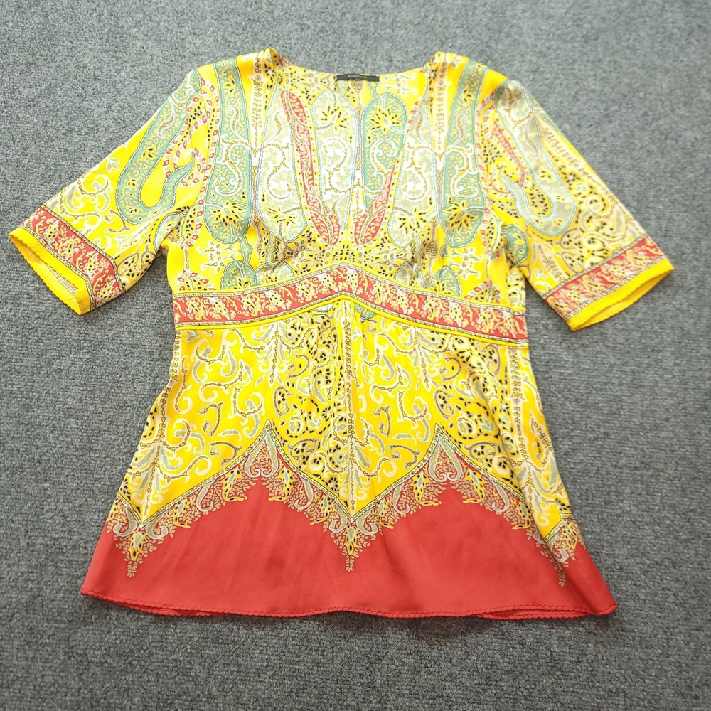 Vintage Elie Tahari Yellow Red Paisley Silk Blend V-Neck Blouse Short Sleeve S